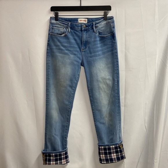 Driftwood Colette Straight Leg Jeans Tartan Lined Cuff Blue Size 29 - Picture 2 of 7